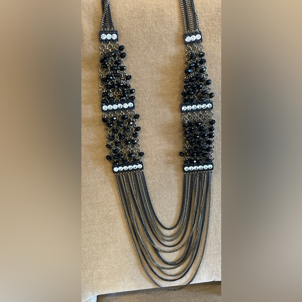 Vintage Gunmetal Multi-Strand Fringe Necklace with Crystal & Black Bead Clusters